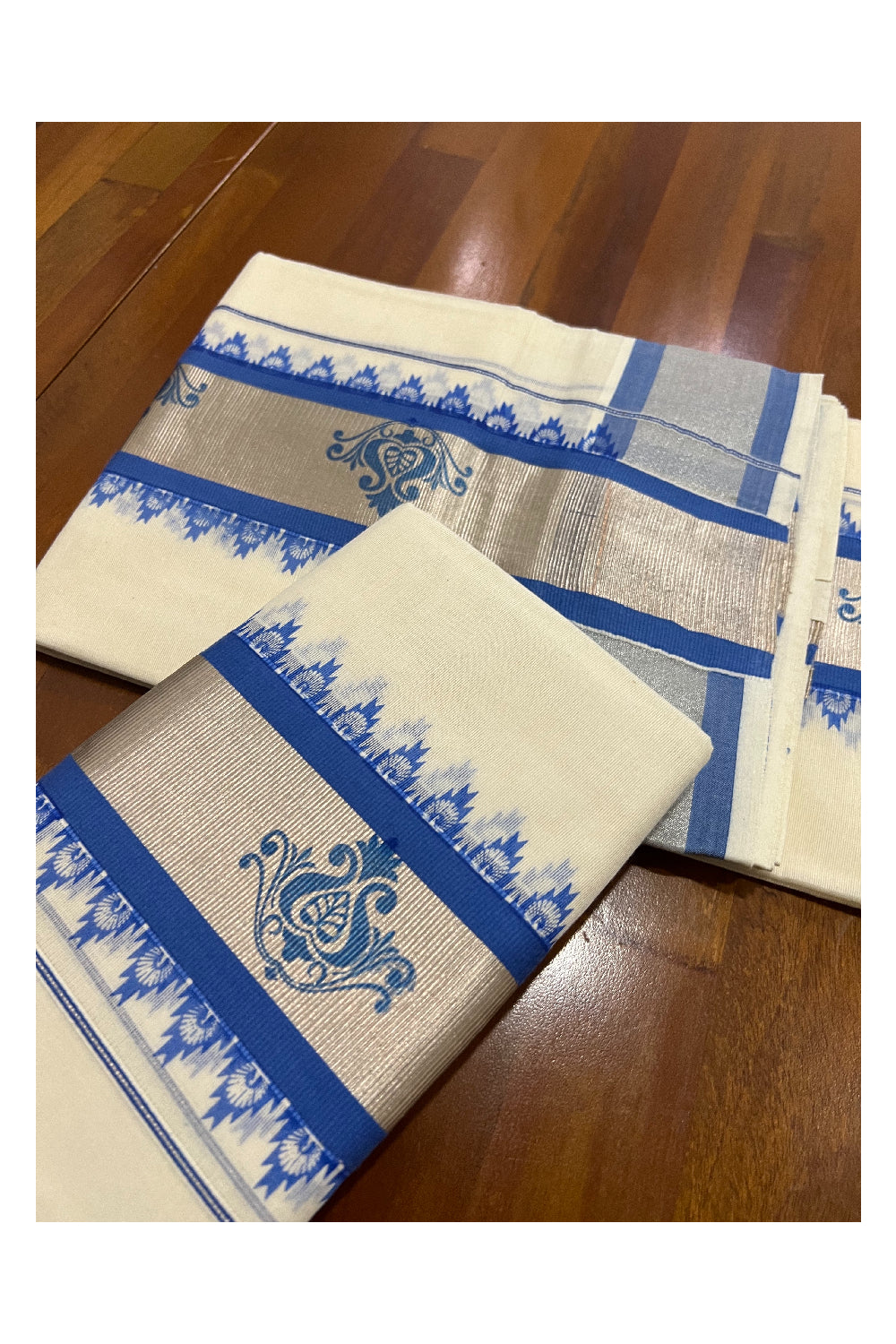 Kerala Cotton Set Mundu (Mundum Neriyathum) with Silver Kasavu and Blue Block Prints on Border 2.80 Mtrs