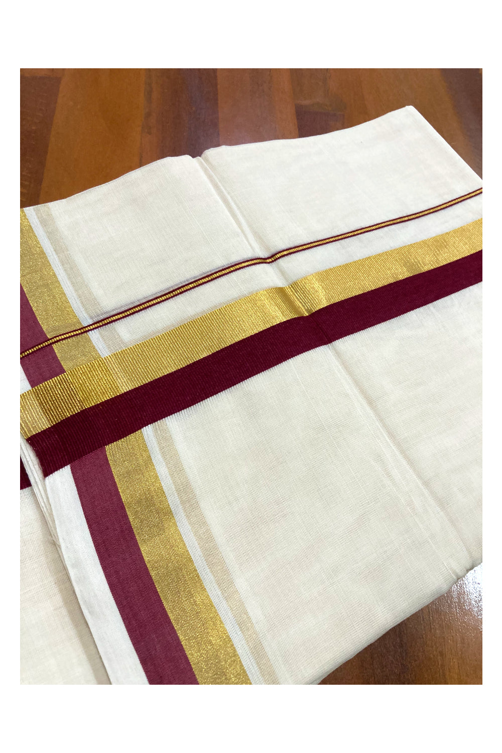 Southloom Premium Handloom Pure Cotton Mundu with Kasavu and Maroon Border (South Indian Dhoti)