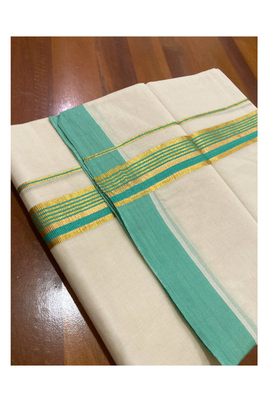 Pure Cotton Off White Double Mundu with Turquoise and Kasavu Border (South Indian Dhoti)