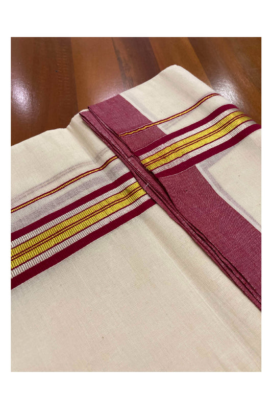 Off White Cotton Mundu with Maroon Silver and Golden Kasavu Border (South Indian Dhoti)