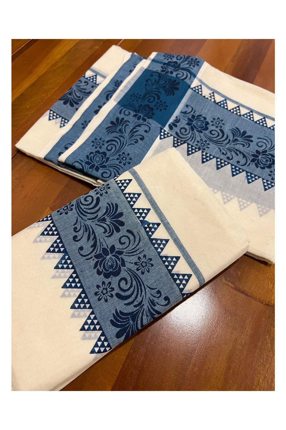 Kerala Cotton Set Mundu (Mundum Neriyathum) with Blue Floral Temple Block Prints on Border