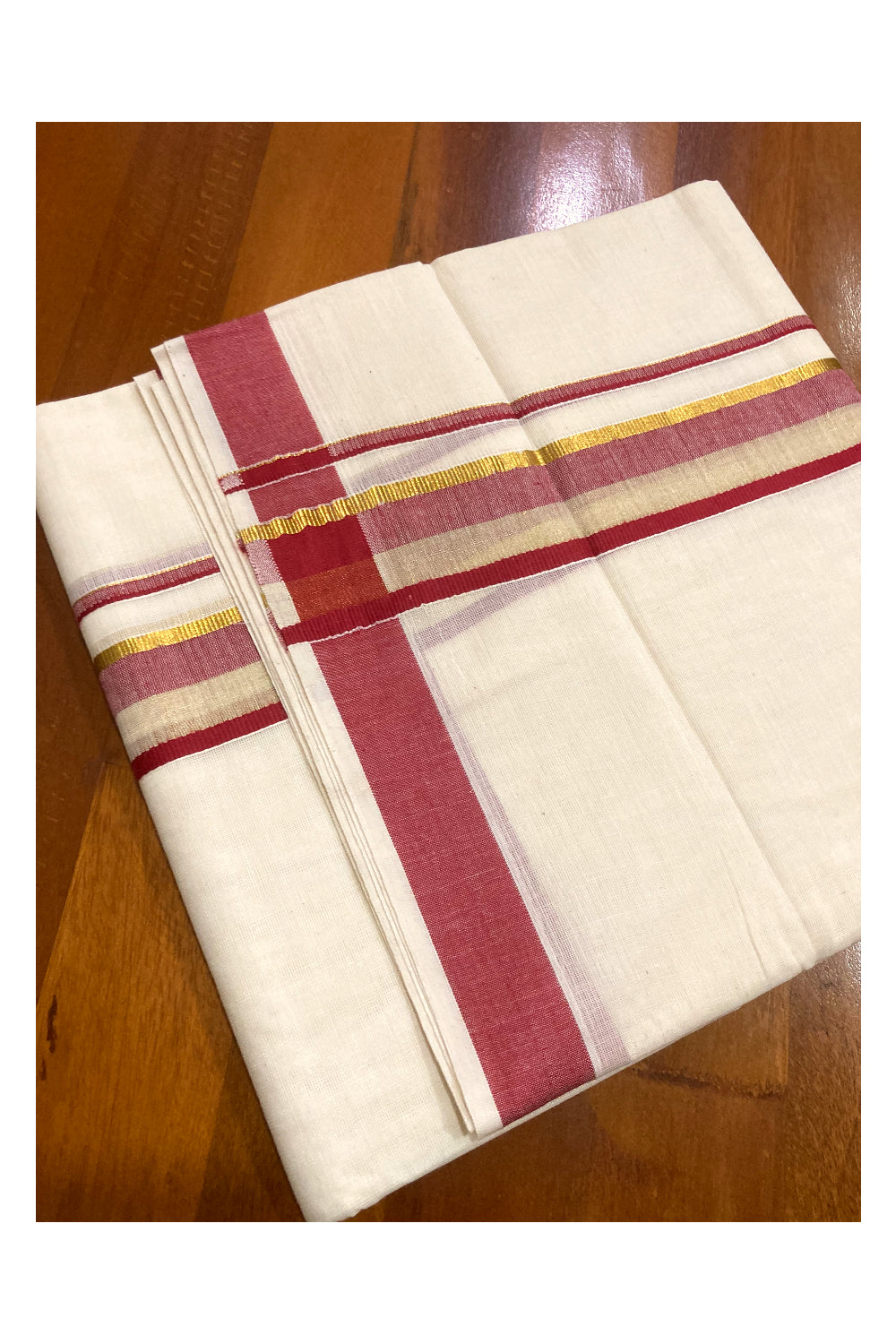 Pure Cotton Double Mundu with Maroon and Kasavu Border (South Indian Dhoti)