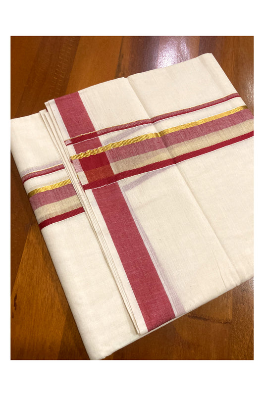 Pure Cotton Double Mundu with Maroon and Kasavu Border (South Indian Dhoti)