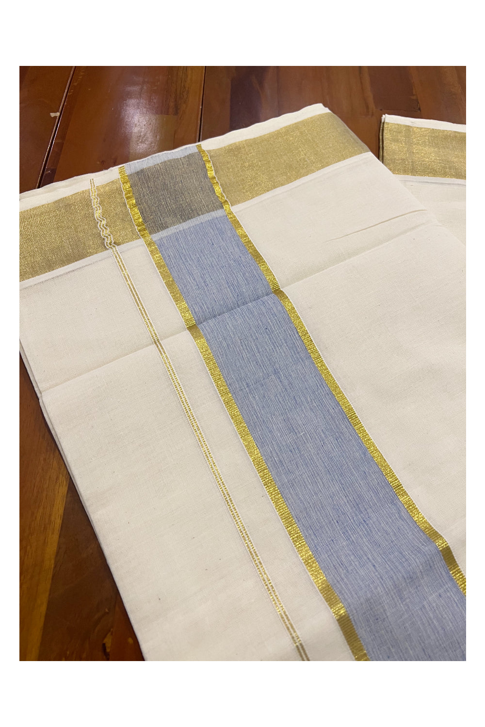 Pure Cotton Kerala Plain Saree with Kasavu Border and Blue Kasavu Pallu