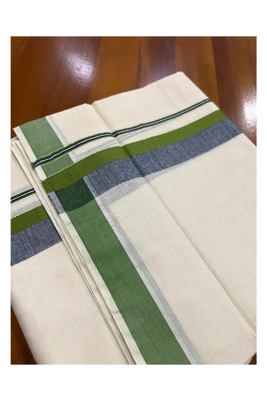 Off White Pure Cotton Double Mundu with Green and Black Shaded Border (South Indian Dhoti)