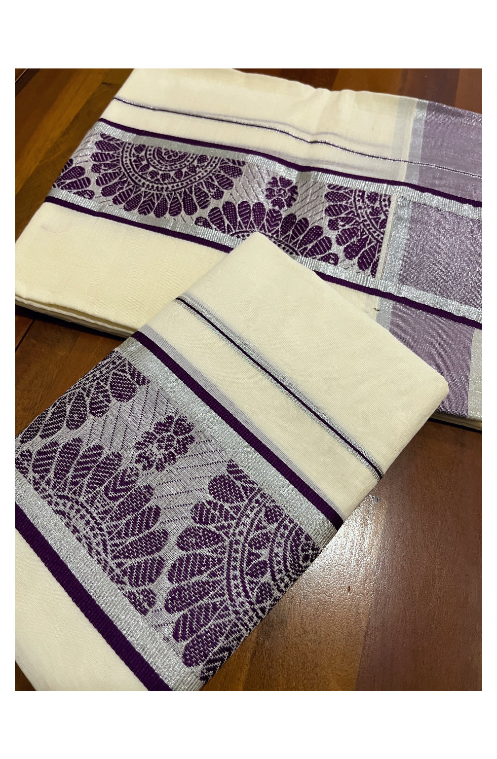 Pure Cotton Kerala Set Mundu (Mundum Neriyathum Onam 2023) with Violet and Silver Kasavu Woven Border