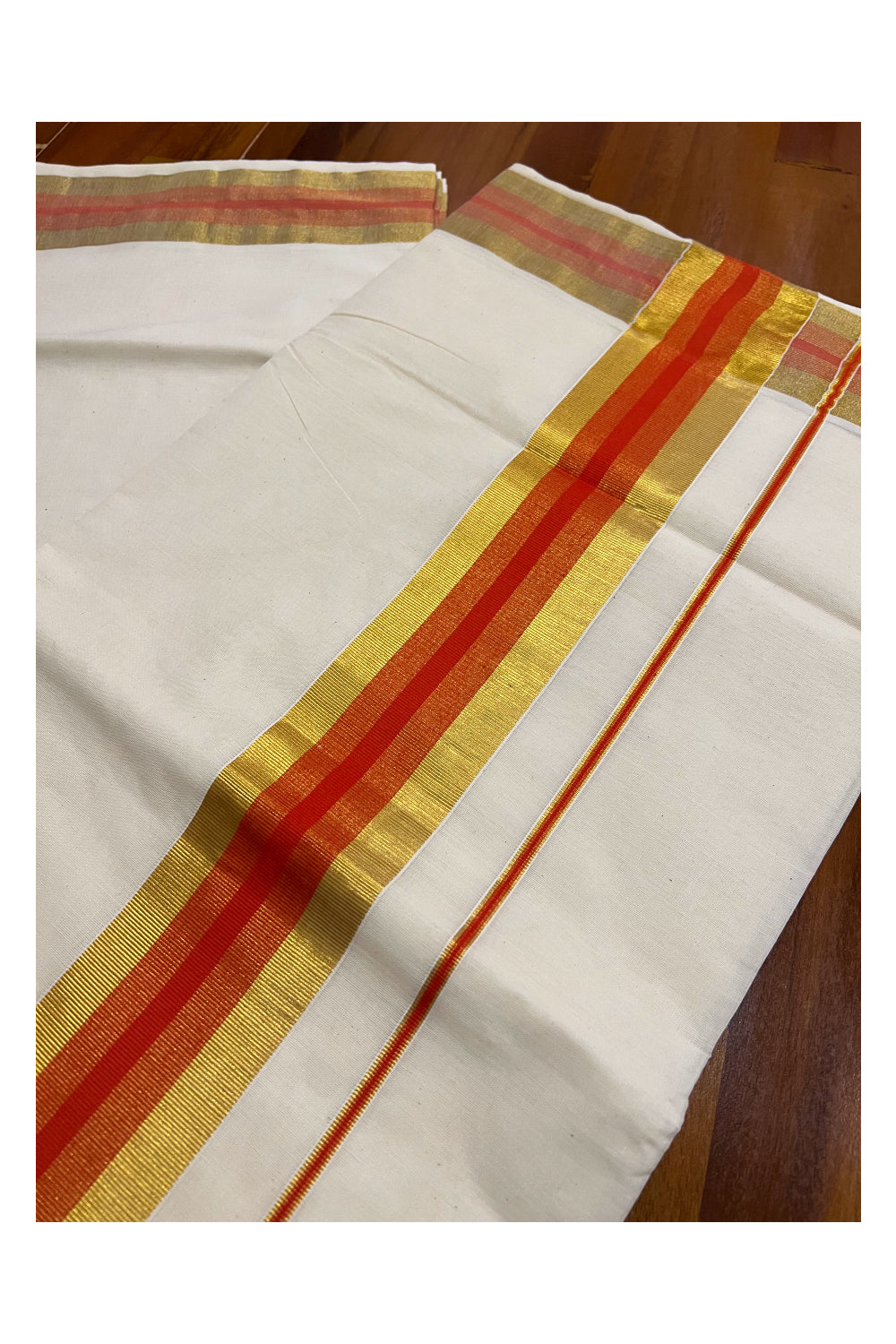 Pure Cotton Kerala Saree with Kasavu and Orange Border