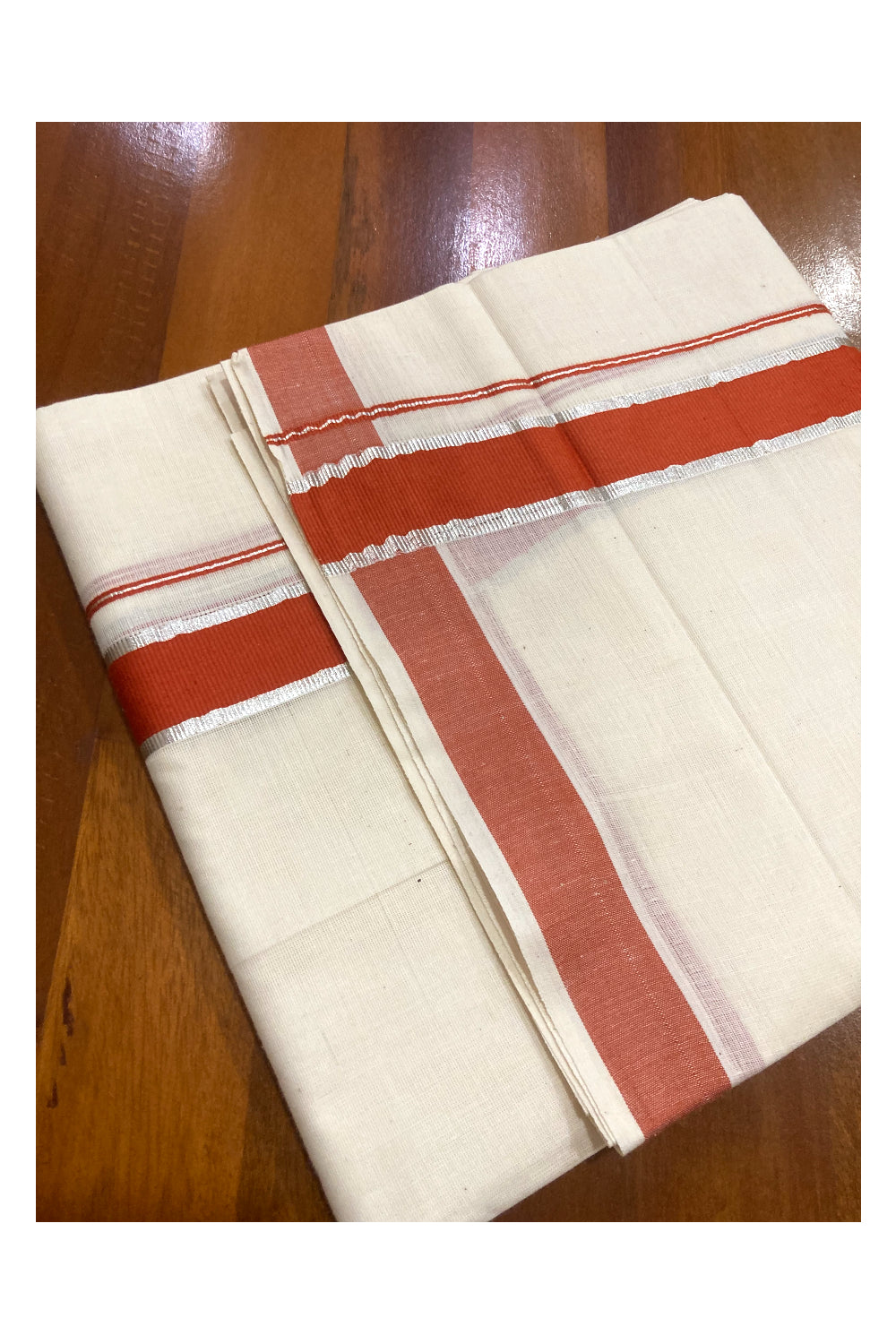 Pure Cotton Double Mundu with Orange and Silver Kasavu Border (South Indian Kerala Dhoti)