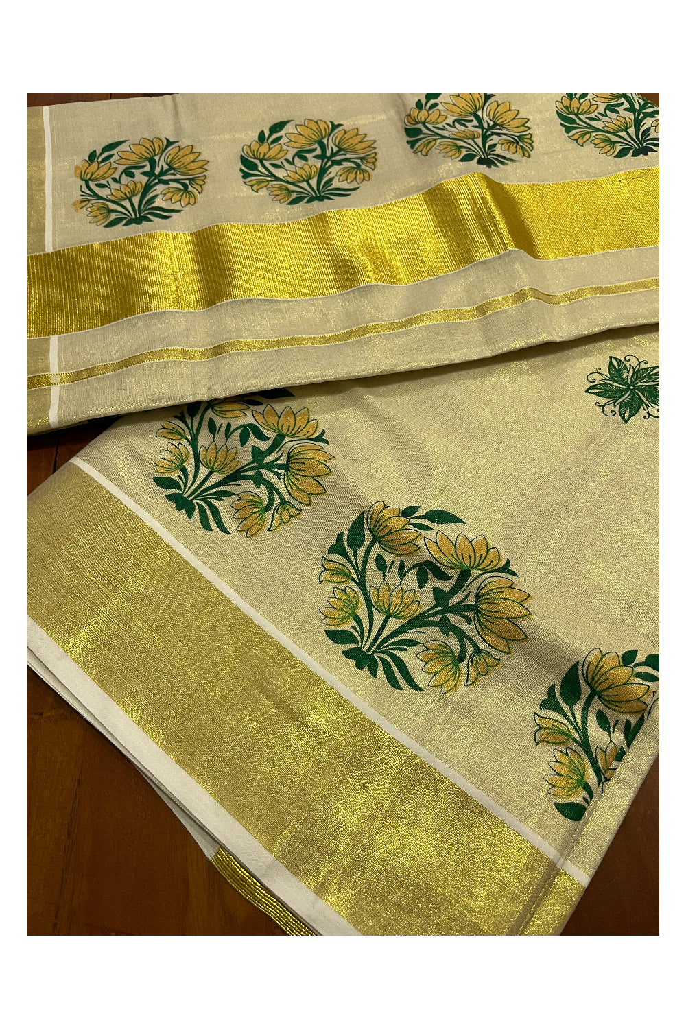 Kerala Tissue Kasavu Green Golden Block Printed Design Saree