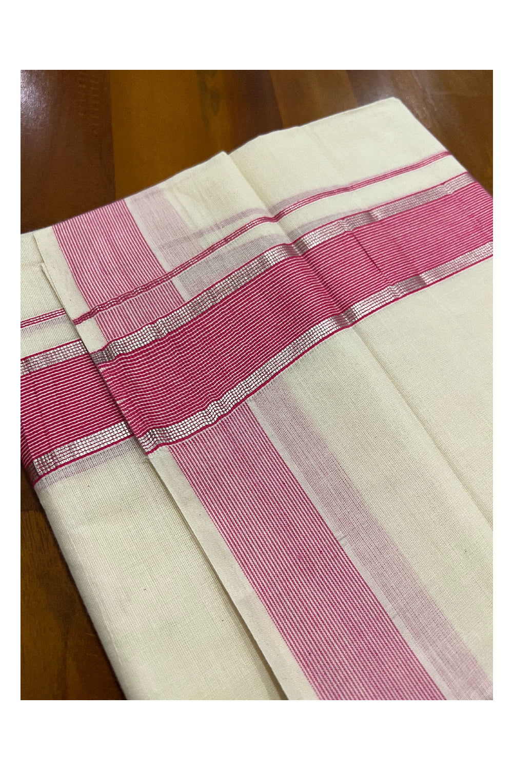 Off White Kerala Double Mundu with Silver Kasavu and Pink Border (South Indian Dhoti)