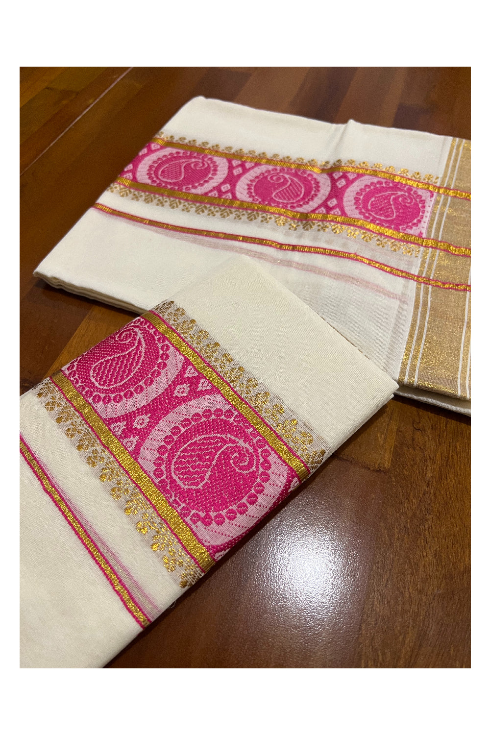 Southloom Onam 2022 Kasavu Set Mundu with Woven Design Pink Kara