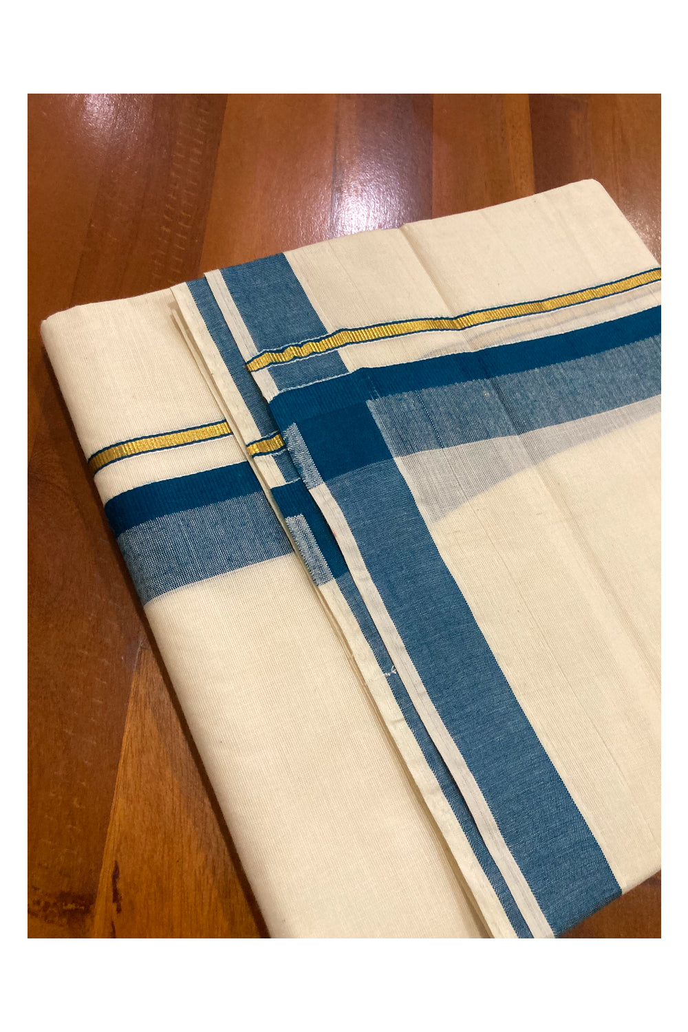 Off White Pure Cotton Double Mundu with Kasavu and Blue Border (South Indian Dhoti)