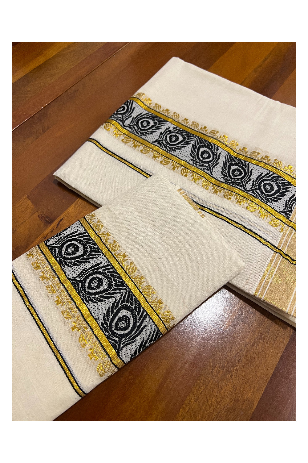 Kerala Cotton Set Mundu (Mundum Neriyathum) with Black Feather Woven and Kasavu Border