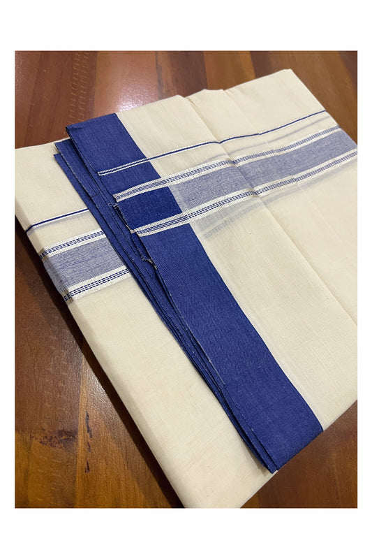 Pure Cotton Off White Double Mundu with Blue and Silver Kara (South Indian Dhoti)