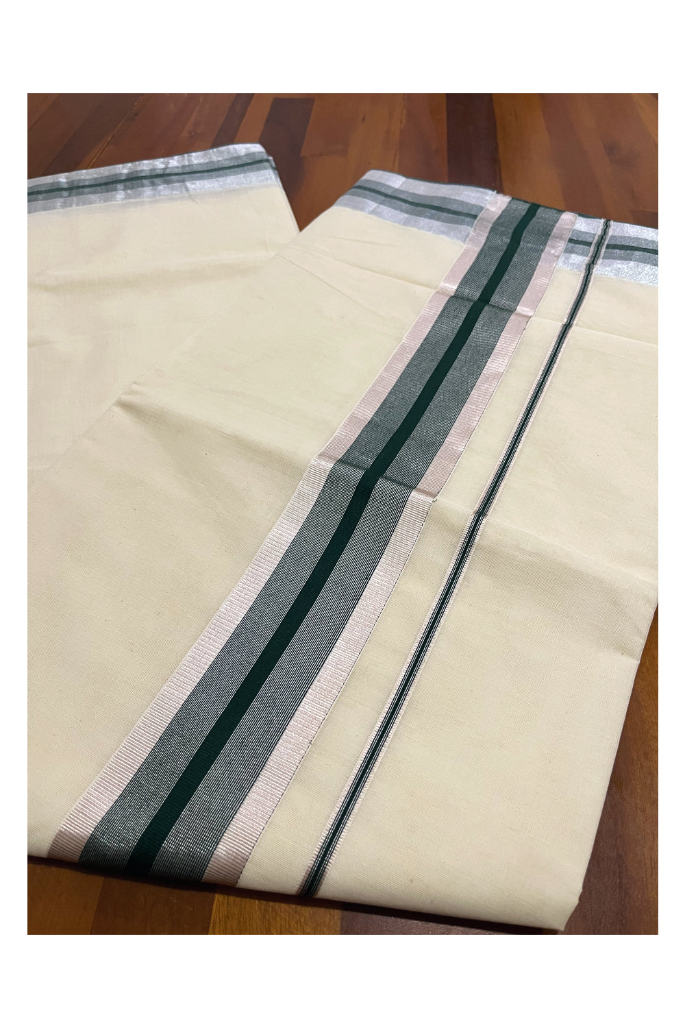 Kerala Pure Cotton Plain Saree with Silver Kasavu and Green Border