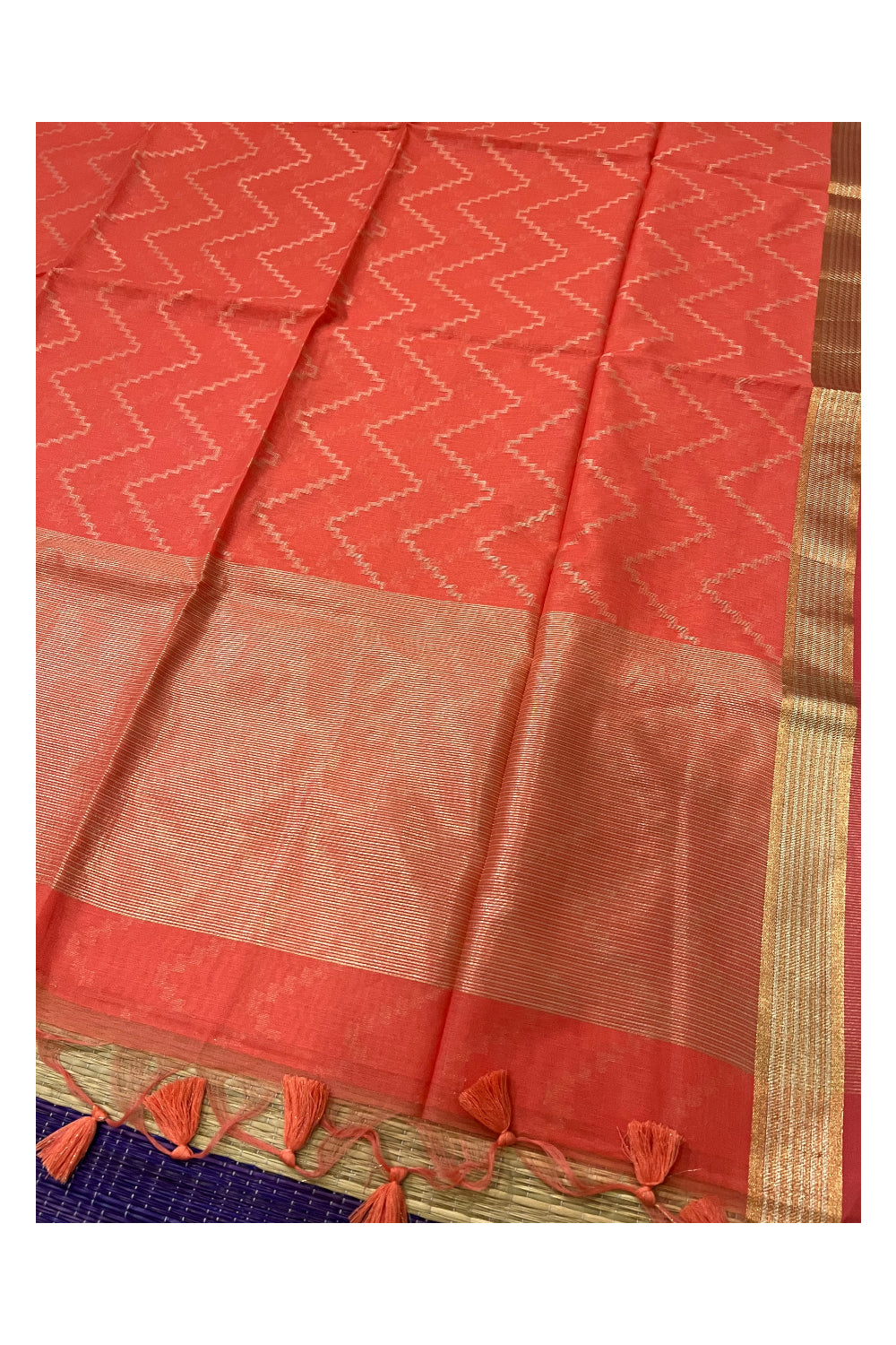 Southloom Peach Semi Tussar Designer Saree With Kasavu Zig Zag Works on Body