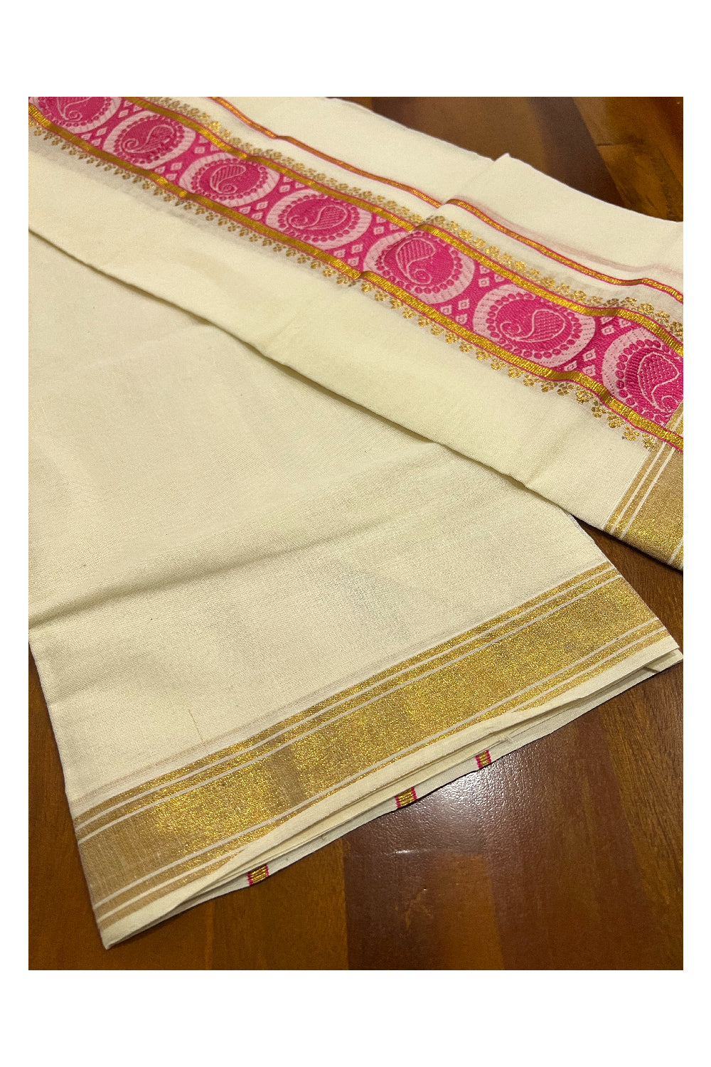 Southloom Onam 2022 Kasavu Set Mundu with Woven Design Pink Kara