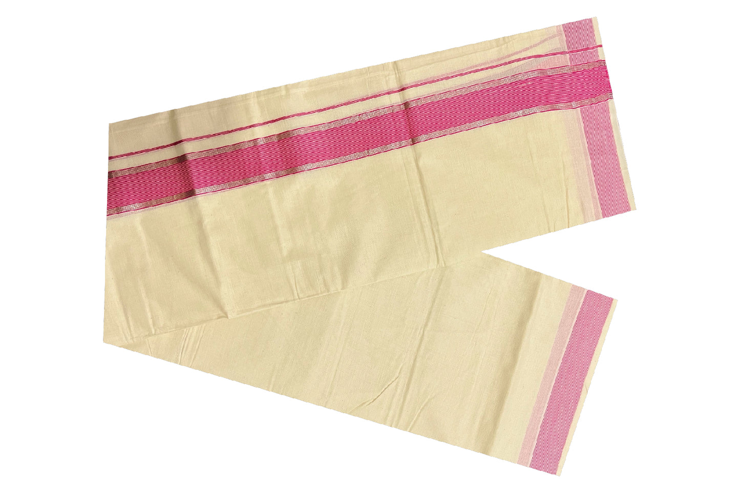 Off White Kerala Double Mundu with Silver Kasavu and Pink Border (South Indian Dhoti)