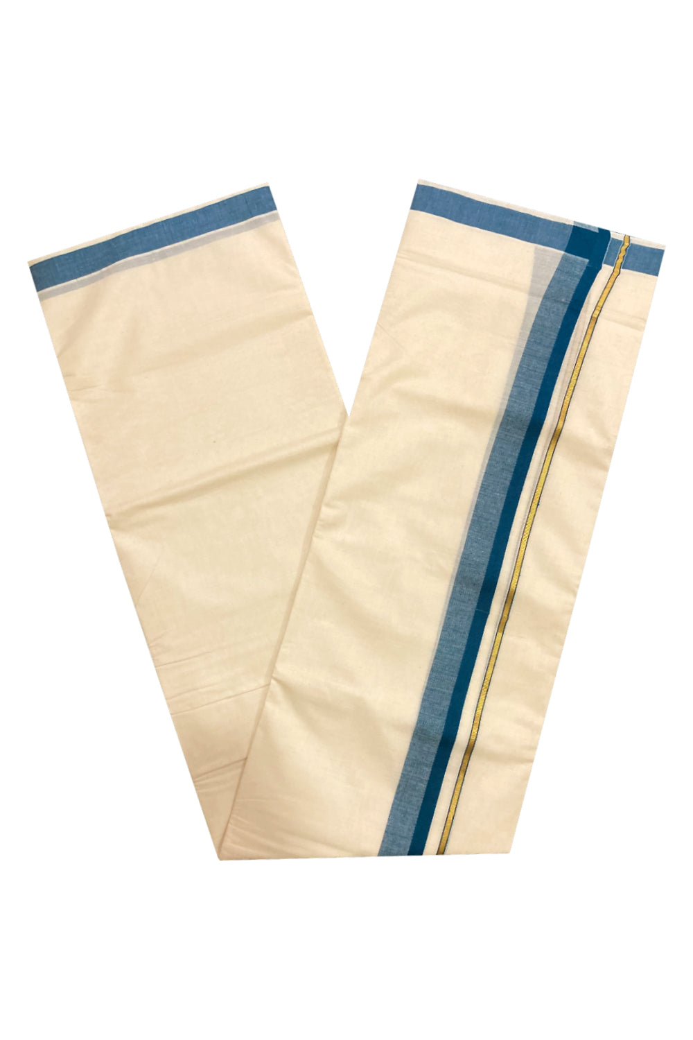 Off White Pure Cotton Double Mundu with Kasavu and Blue Border (South Indian Dhoti)