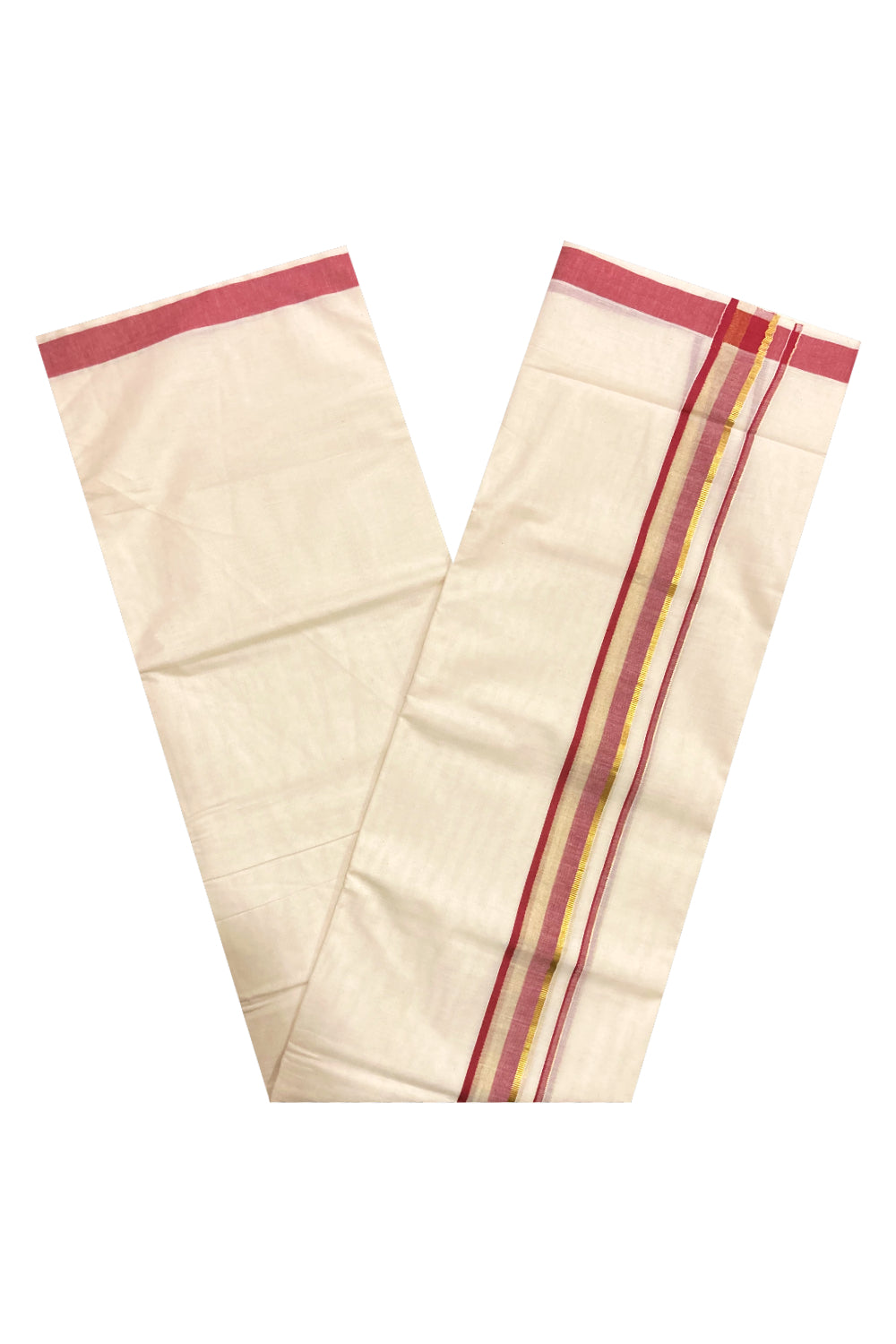 Pure Cotton Double Mundu with Maroon and Kasavu Border (South Indian Dhoti)