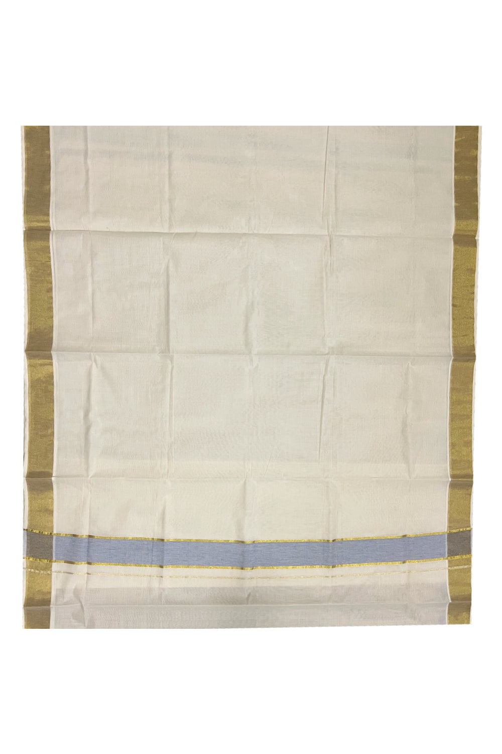 Pure Cotton Kerala Plain Saree with Kasavu Border and Blue Kasavu Pallu