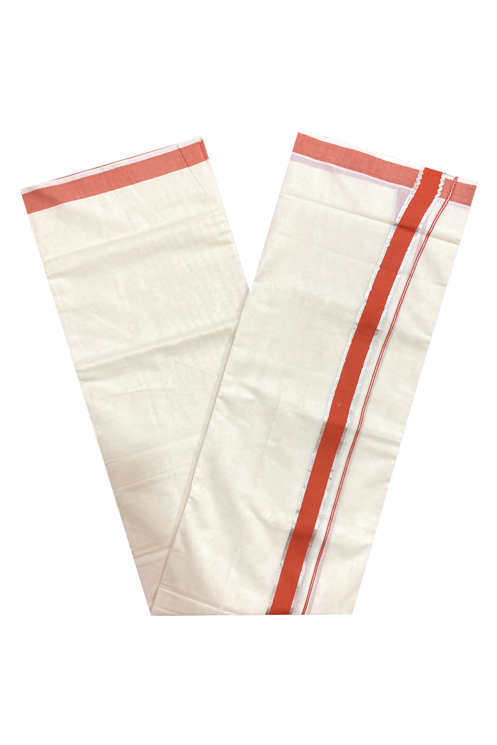 Pure Cotton Double Mundu with Orange and Silver Kasavu Border (South Indian Kerala Dhoti)