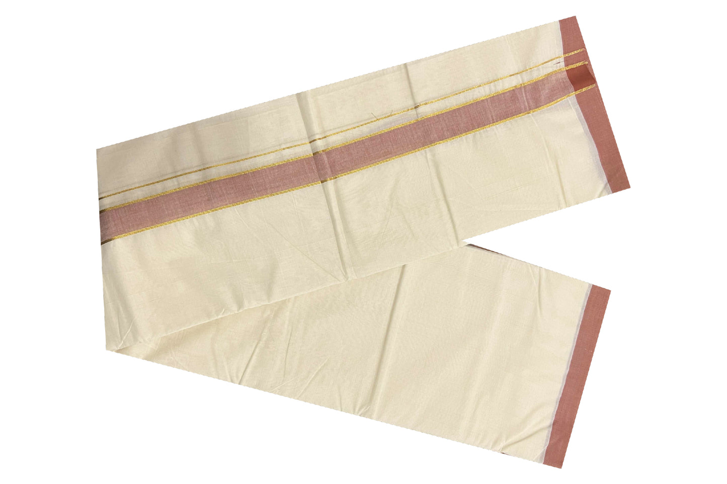 Off White Pure Cotton Double Mundu with Kasavu and Brick Red Kara (South Indian Dhoti)