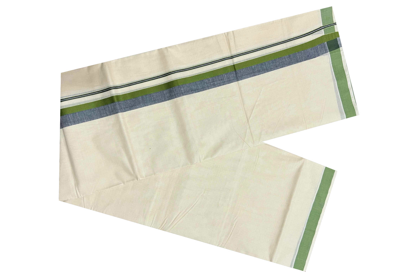 Off White Pure Cotton Double Mundu with Green and Black Shaded Border (South Indian Dhoti)