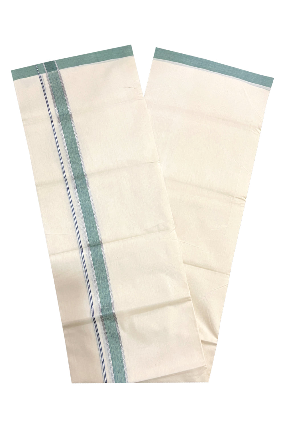 Southloom Premium Unakkupaavu Handloom Mundu with Silver Kasavu and Green Border (South Indian Dhoti)