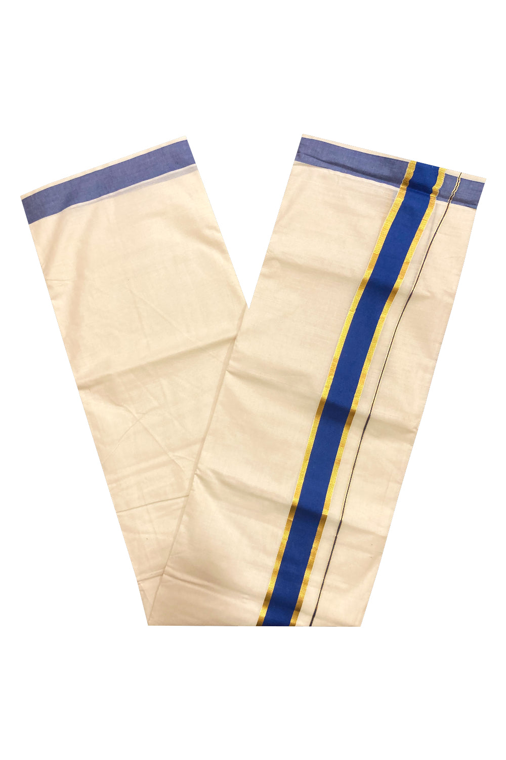 Off White Pure Cotton Double Mundu with Kasavu and Blue Border (South Indian Dhoti)