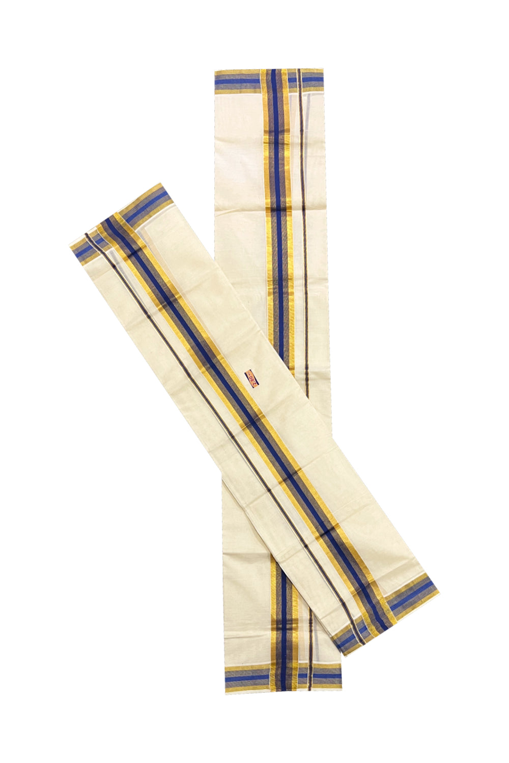 Kerala Cotton Mundum Neriyathum Single (Set Mundu) with Blue and Kasavu Border 2.80 Mtrs