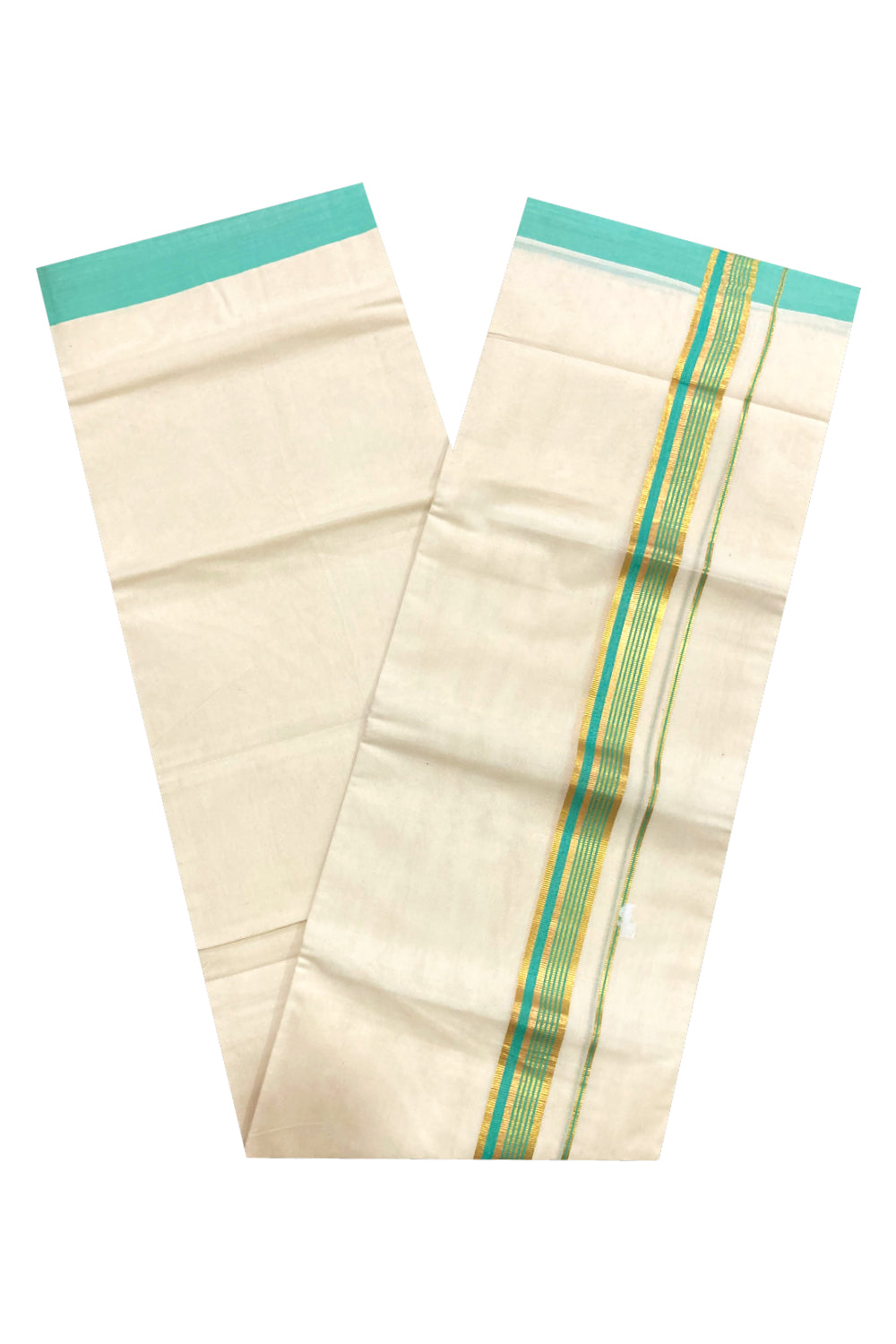 Pure Cotton Off White Double Mundu with Turquoise and Kasavu Border (South Indian Dhoti)