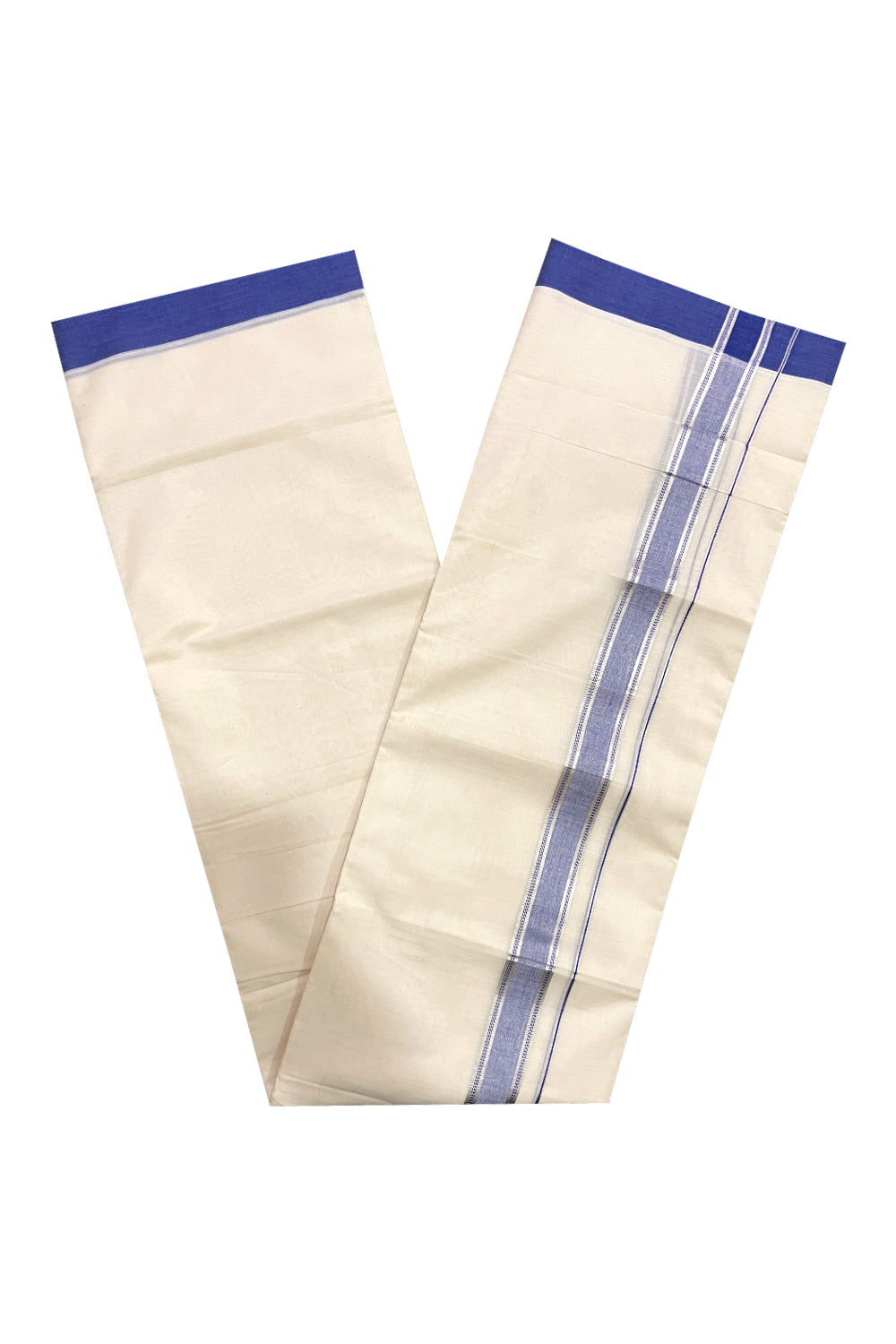 Pure Cotton Off White Double Mundu with Blue and Silver Kara (South Indian Dhoti)