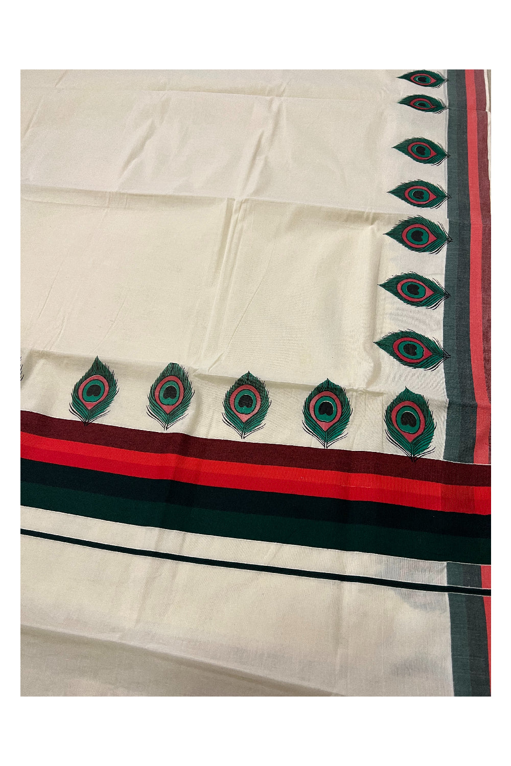 Pure Cotton Red and Dark Green Border Kerala Saree with Feather Block Printed Design