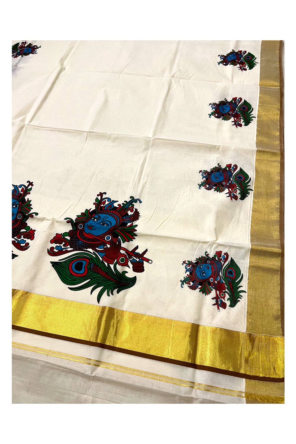 Kerala Pure Cotton Kasavu Saree with Mural Krishna Face and Feather Printed and Light Brown Border