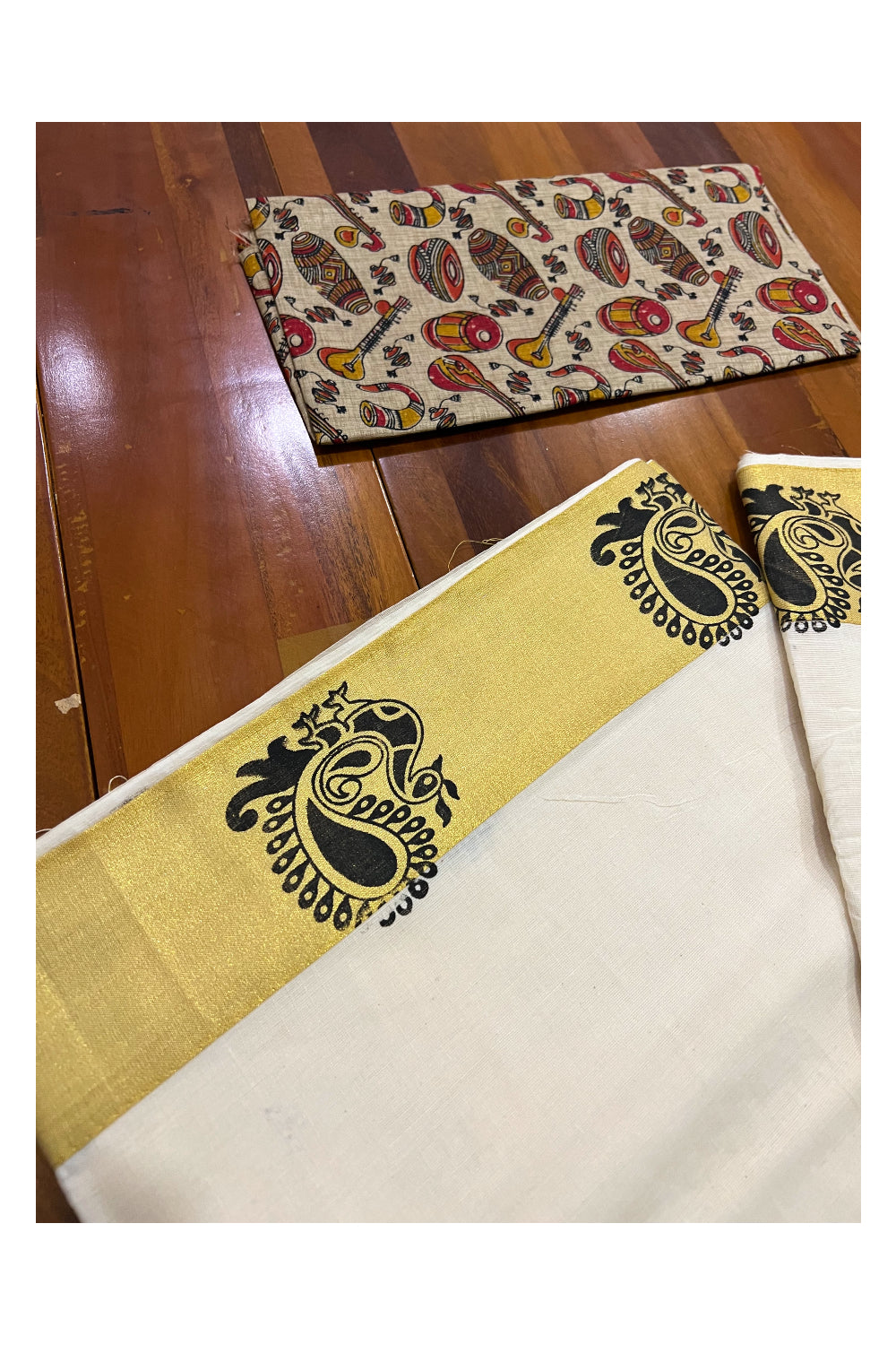 Kerala Pure Cotton Fusion Art Beige Musical Instruments Printed Kasavu Saree with Peacock Block Print Border