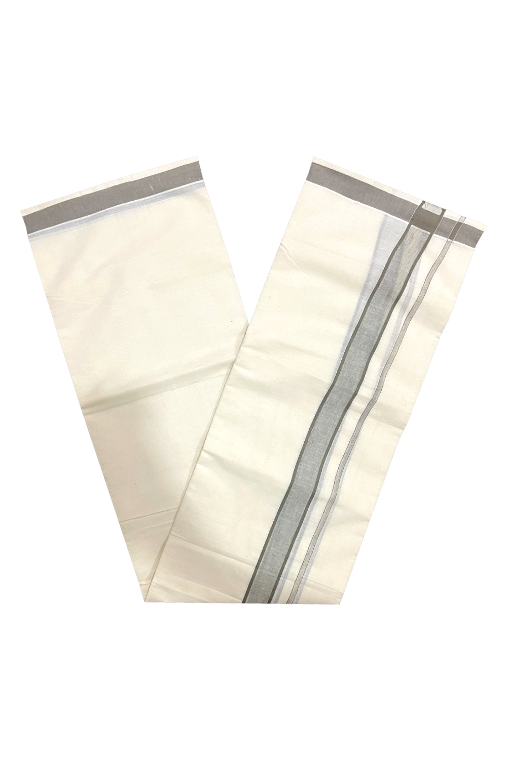 Pure Cotton Off White Double Mundu with Grey Border (South Indian Dhoti)