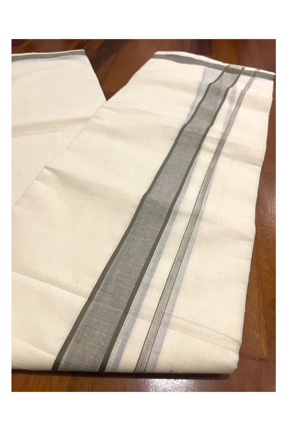 Pure Cotton Off White Double Mundu with Grey Border (South Indian Dhoti)