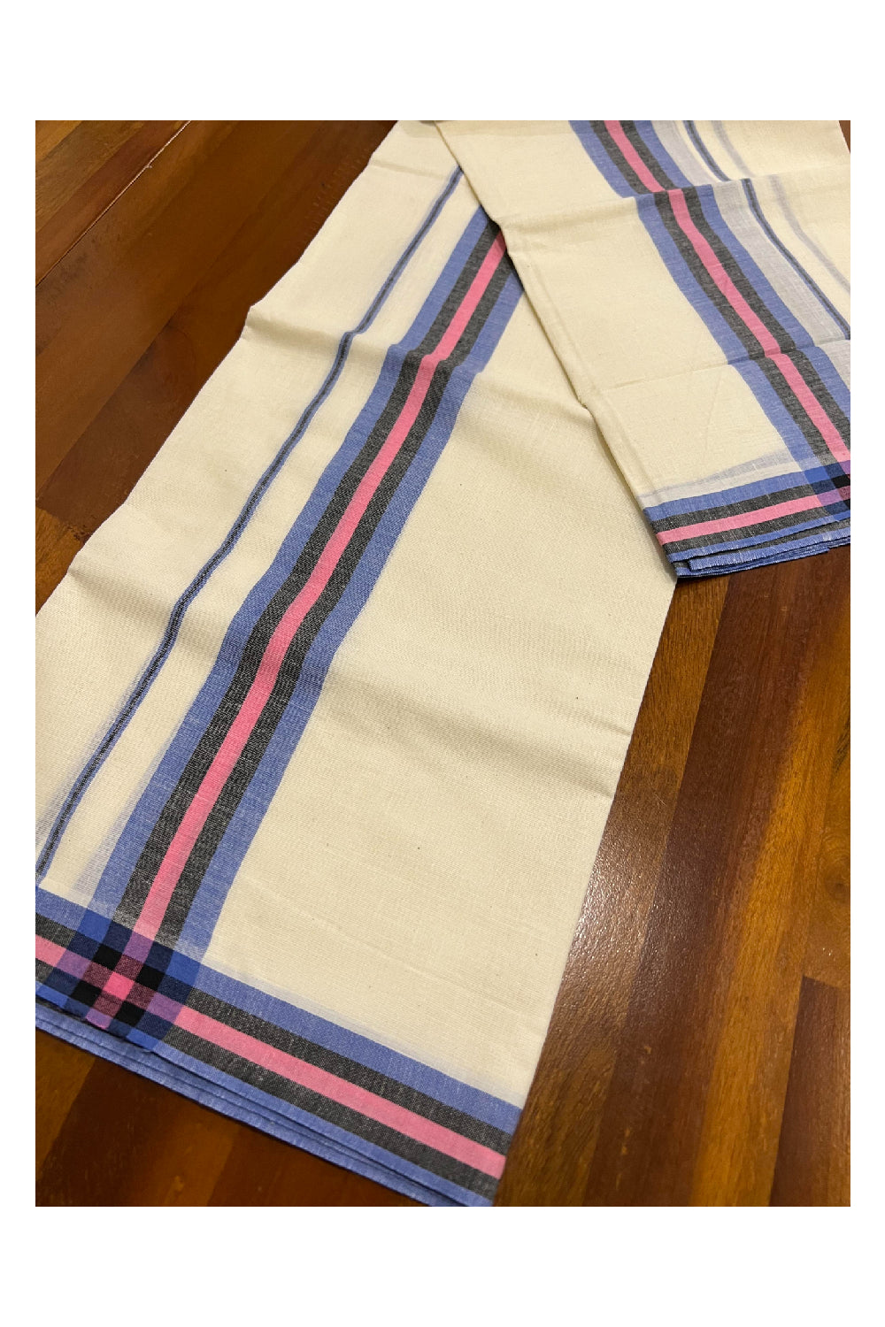 Kerala Cotton Mundum Neriyathum Single (Set Mundu) with Mulloth Design Blue and Pink Border (Extra Soft Cotton)