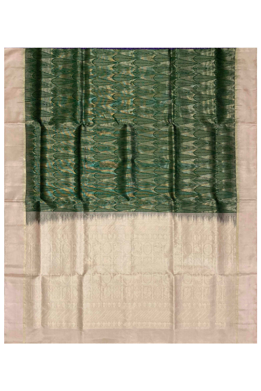 Southloom Handloom Pure Silk Kanchipuram Saree in Green Leaf Work and Beige Border