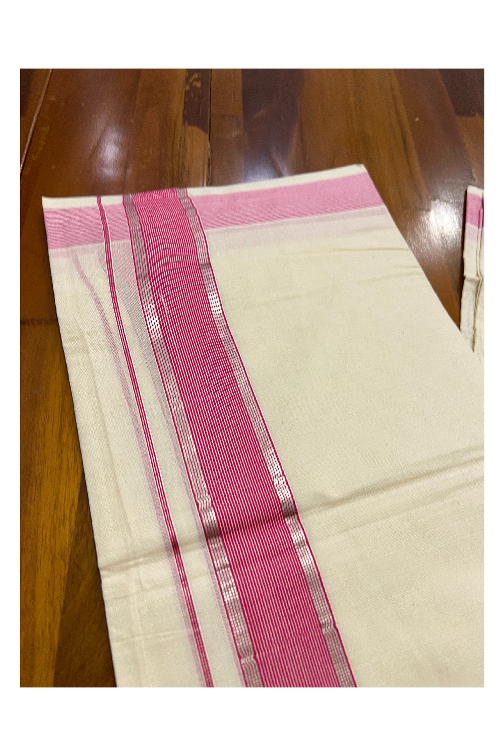 Off White Kerala Double Mundu with Silver Kasavu and Pink Border (South Indian Dhoti)