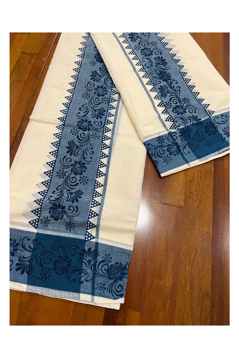 Kerala Cotton Set Mundu (Mundum Neriyathum) with Blue Floral Temple Block Prints on Border