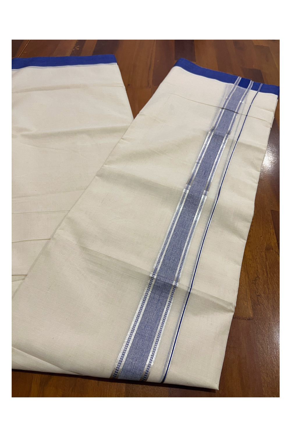 Pure Cotton Off White Double Mundu with Blue and Silver Kara (South Indian Dhoti)