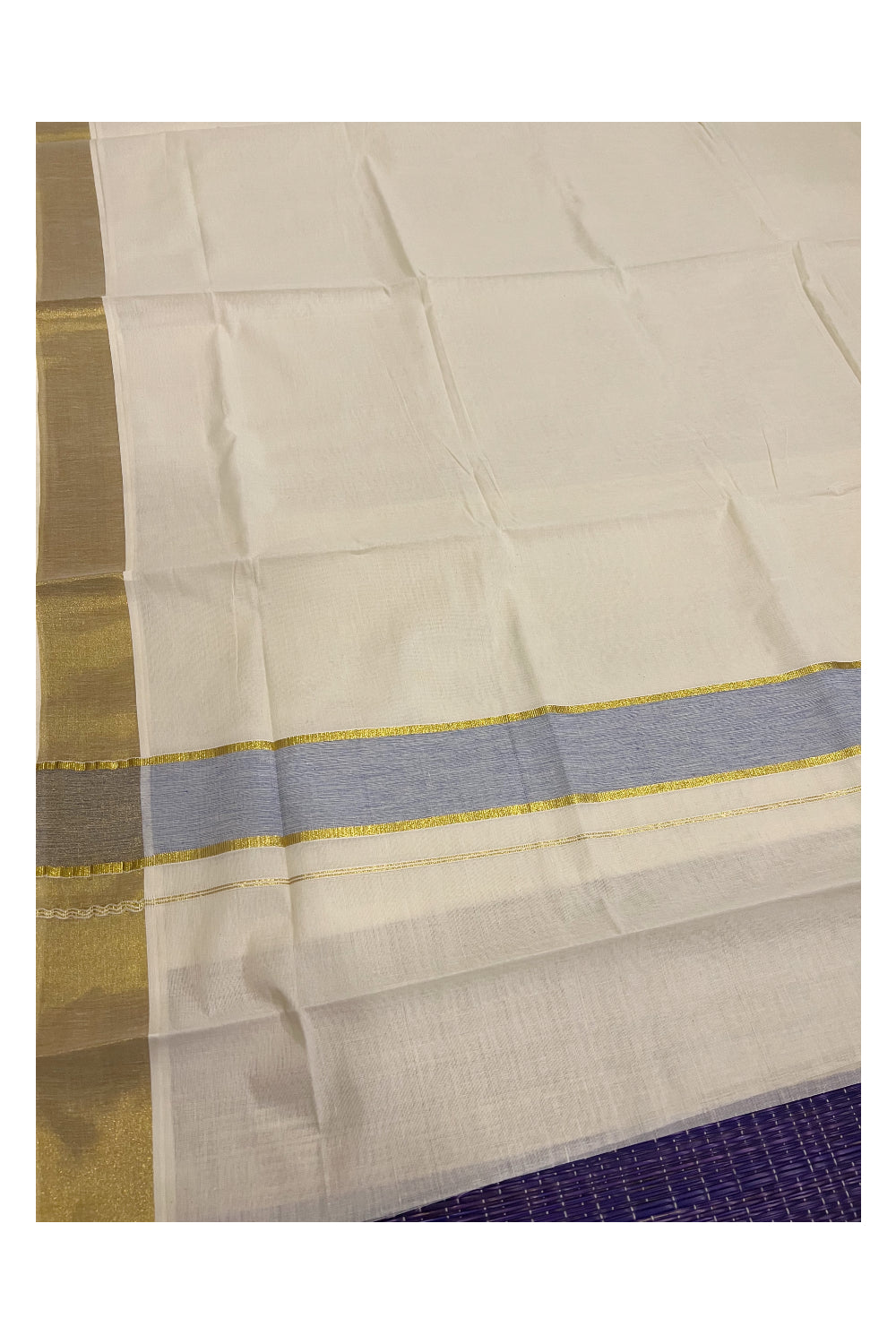 Pure Cotton Kerala Plain Saree with Kasavu Border and Blue Kasavu Pallu