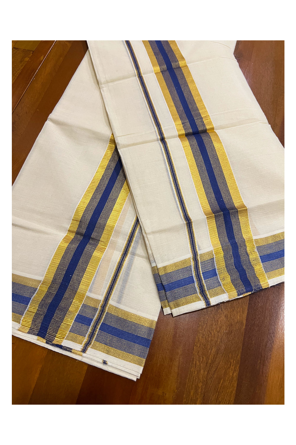 Kerala Cotton Mundum Neriyathum Single (Set Mundu) with Blue and Kasavu Border 2.80 Mtrs