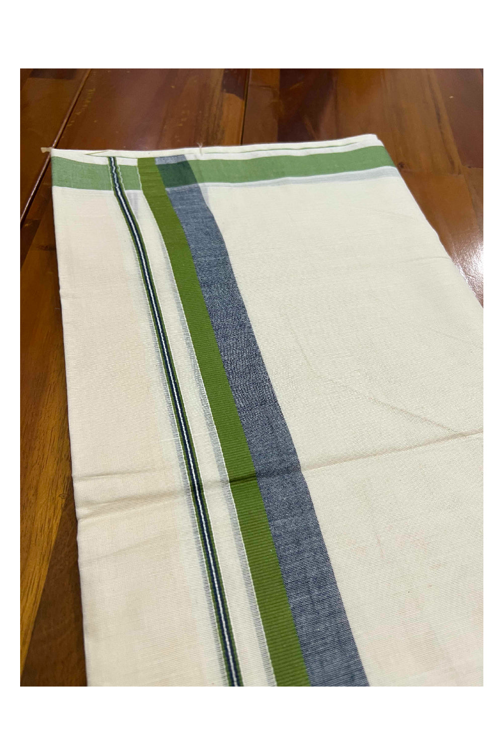 Off White Pure Cotton Double Mundu with Green and Black Shaded Border (South Indian Dhoti)