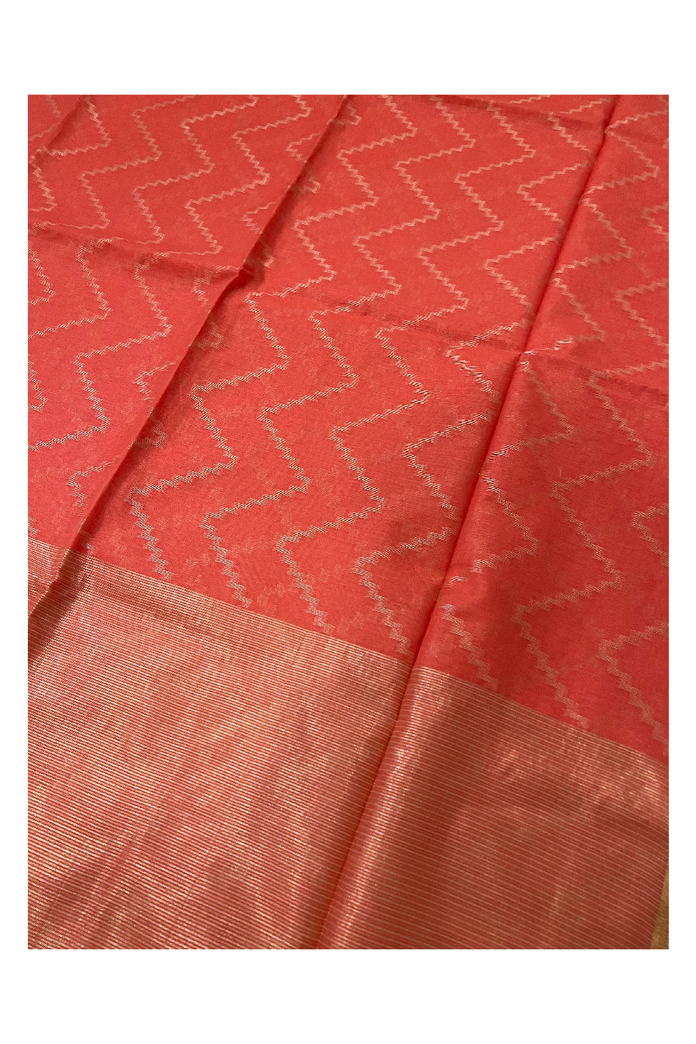 Southloom Peach Semi Tussar Designer Saree With Kasavu Zig Zag Works on Body