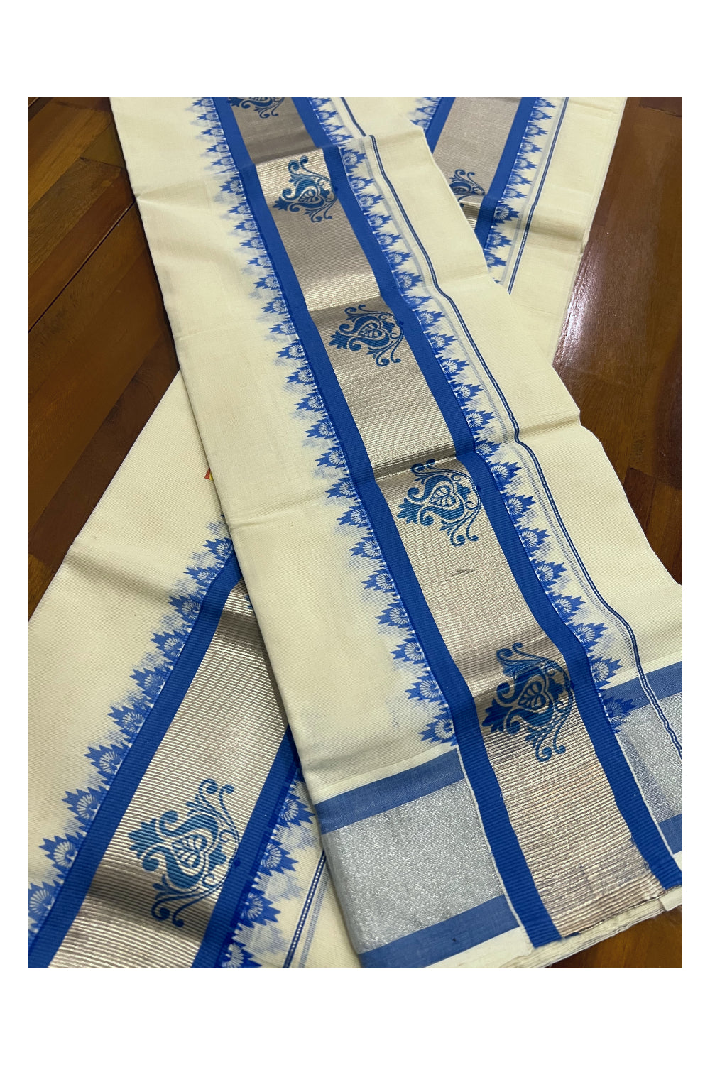 Kerala Cotton Set Mundu (Mundum Neriyathum) with Silver Kasavu and Blue Block Prints on Border 2.80 Mtrs