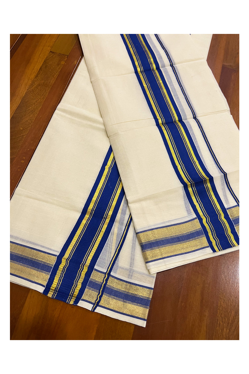 Pure Cotton Kerala Single Set Mundu (Mundum Neriyathum) with Dark Blue and Kasavu Border 2.80 Mtrs