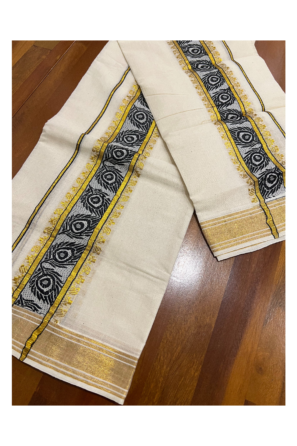 Kerala Cotton Set Mundu (Mundum Neriyathum) with Black Feather Woven and Kasavu Border